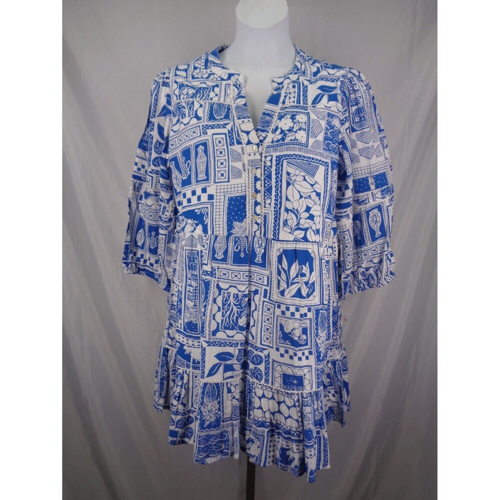 Grace Karma Tiered Dress Size Large Blue White Floral Mix Print New